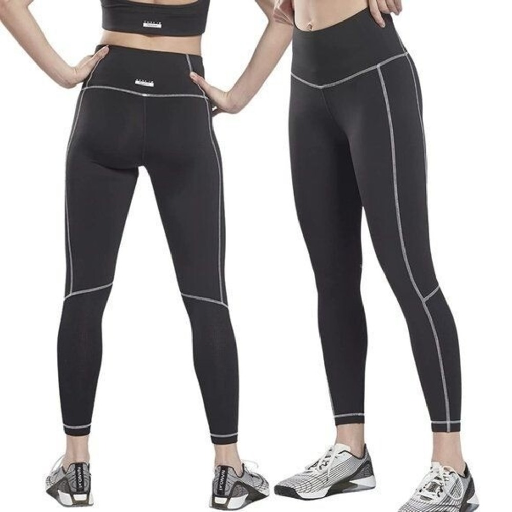 Reebok Core10 High Waisted Leggings Black Contrast Stitch‎ Yoga 7/8 NWT